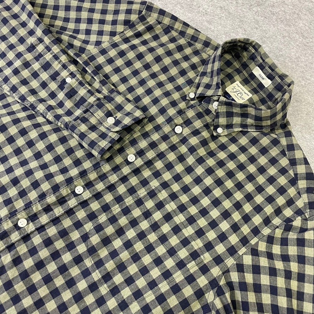 J.Crew Secret Wash Slim Fit Gingham Shirt Mens Small Green Navy Blue Stretch